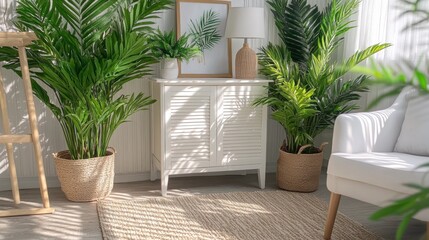 Obraz premium Sunlit Living Room with Plants and White Cabinet