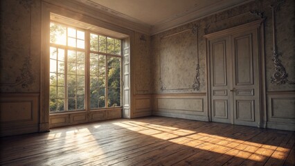 Sunlit Antique Room Large Window, Wood Floor, Ornate Walls, Interior Design, Golden Hour Photography Interior Design, Vintage Room