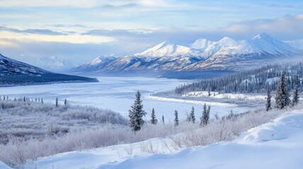 Snow-covered landscape with mountains, trees, and frozen river