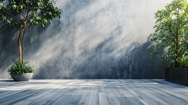 Large empty wooden terrace in loft style, between living room and garden, 3D rendering, gray plank floor and blank concrete wall with space for text.