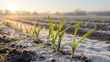 Sunrise Frost on Winter Wheat Sprouts Close-up Macro Photography, agriculture, winter crops agriculture, winter wheat