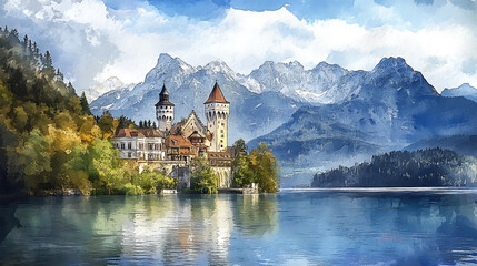 Fototapeta premium Watercolor-style painting of a European castle surrounded by a peaceful lake and mountains in the background 