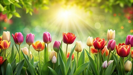 A beautiful tulip border with a wide copy space and lush greenery, scenery, garden,  scenery, garden, flowers, spring, landscape