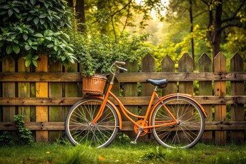 Fototapeta premium A solitary orange bicycle leaning against a wooden fence in a secluded garden, natural scene, outdoor setting, orange background, wooden fence, bicycle