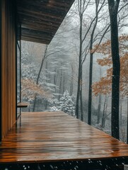 Obraz premium Snowy winter scene in a forest retreat with wooden deck