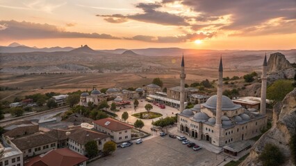 Obraz premium Sunset over the Selime Monastery and Mosque, Cappadocia Aerial View, Turkey. High-angle composition, panoramic landscape, golden hour light, historical architecture. Cappadocia, Turkey