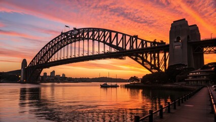 Obraz premium Sydney Harbour Bridge Sunset Silhouette Dramatic Composition, Fiery Sky, Water Reflection, Landscape Photography Sydney, Australia, Bridge