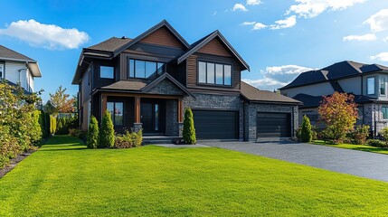 Panorama of a stylish house with a large lawn and a garage. classic design.
