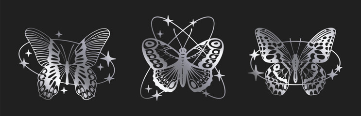 Obraz premium Cartoon y2k butterfly. Abstract silver y2k aesthetic flying insect, shiny foil butterfly silhouettes flat vector illustration. Butterfly decor
