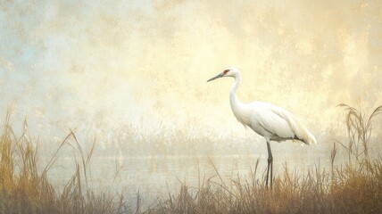 Naklejka premium White crane standing by misty lake, serene atmosphere