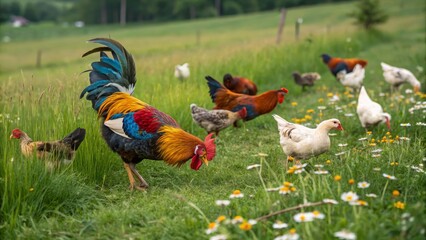 Vibrant Rooster in Wildflower Meadow Colorful Flock Composition, Rural Scene, Farm Animals, Poultry Poultry, Farm