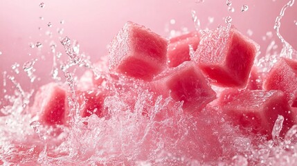 Fototapeta premium Vibrant Watermelons Floating in Clear Water Against a Soft Pink Background Evoking a Refreshing and Playful Summer Vibe Perfect for Celebrating Seasonal Fruits and Enjoying Warm Weather Bliss