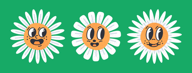 Daisy flowers mascots. Retro blooming chamomile flowers characters with funny faces flat vector illustration set. Cute daisy emojis with eyes and mouths