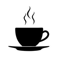 A solid black silhouette of a coffee cup and saucer. The cup is positioned vertically, sitting on a saucer. Steam, depicted as three wavy lines, rises from the top of the cup. 