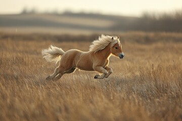 Obraz premium Pony galloping freely across golden grassland at sunset