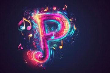 Colorful letter P, musical notes, abstract art, dark background, music design