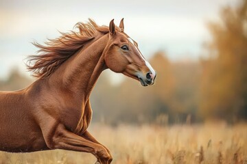 Obraz premium Brown horse galloping in a vibrant autumn landscape