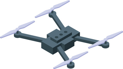 Modern drone with rotating propellers flying, isometric view, innovative technology for aerial photography and videography