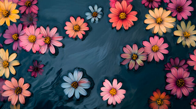 Colorful flowers floating on dark water, nature background, spa concept