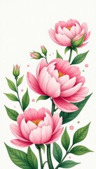 Obraz premium Bunch of pale pink peony flowers and greenery hand drawn in a whimsical style with subtle shading, artistic illustration, hand draw flower