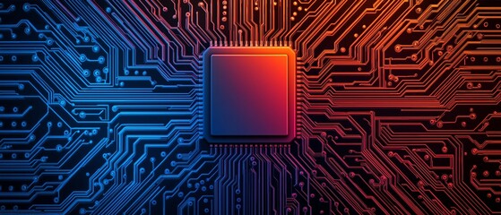 A close-up view of a circuit board with vibrant blue and red colors, showcasing detailed electronic components and patterns, symbolizing advanced technology and innovation.