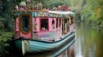 Obraz premium A Beautifully Designed Bohemian Narrowboat Exterior in Pastel Colours on a Tranquil UK's Canal, Reflecting the Unique Houseboat Lifestyle