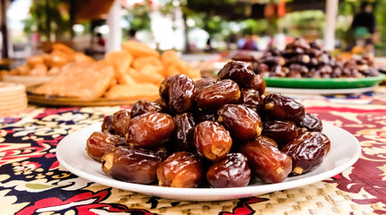 A plate of dried fruit is on a table