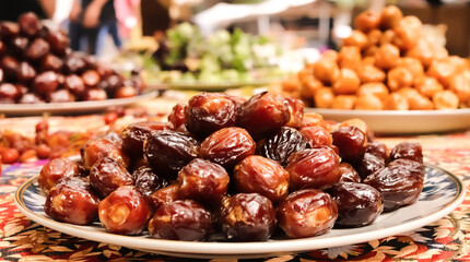A plate of dried fruit is on a table