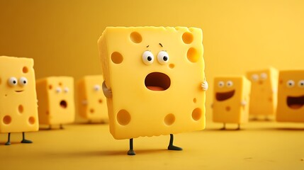 Surprised Cartoon Cheese Character Holding Block with Wider Expression Surrounded by Joyful Cheese Friends on Vibrant Yellow Background