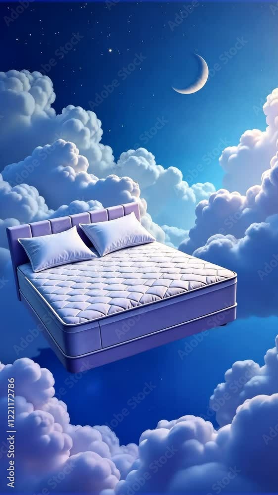 Poster a bed is floating in the sky with clouds. the bed is white and has two pillows