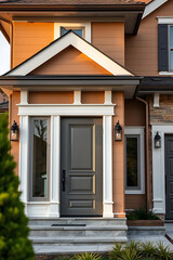 Obraz premium Modern House Exterior: Gray Door, Orange Facade, and Elegant Design. Real Estate, Architecture, and Home Design Inspiration.