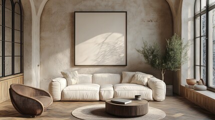 Modern interior design framework model, ISO paper size poster on living room wall, house background integration, 3D representation of contemporary space.