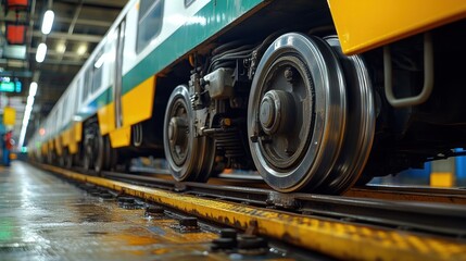 Train Wheels on Tracks in Depot