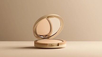 Elegant beige powder compact with mirror on a plain background, ideal for makeup promotions