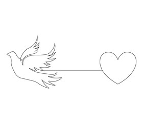 One continuous line drawing of heart with bird. Symbol of Valentine day and romantic moment. Bird love in simple linear style. Editable stroke. Doodle line illustration