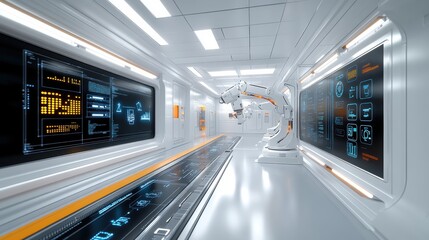 Futuristic Factory Corridor with Robotic Arm and Digital Interfaces
