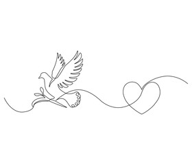 One continuous line drawing of heart with bird. Symbol of Valentine day and romantic moment. Bird love in simple linear style. Editable stroke. Doodle line illustration