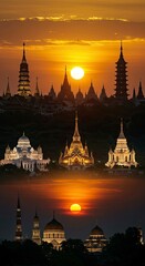 Golden Sunset Temples: Asian Architectural Panorama at Dusk