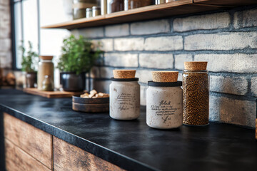 Vintage-inspired ceramic spice jars with cork lids and handwritten labels, styled on a dark wood kitchen counter in a loft-style kitchen.