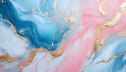 Fototapeta premium Abstract light pink and light blue marble liquid texture with gold splashes, luxury marble and gold waves background