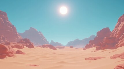 Naklejka premium Sandy Desert Landscape with Red Rocks Under Bright Sun