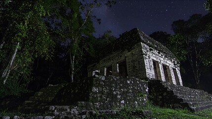 Obraz premium Nighttime Mayan ruins, jungle, stars, history, tourism