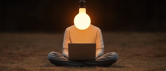 A conceptual image of a person meditating with a light bulb for a head while using a laptop, symbolizing creativity, innovation, and the fusion of technology with mindfulness.