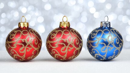 Red and Blue Christmas Ornaments on Sparkling Surface
