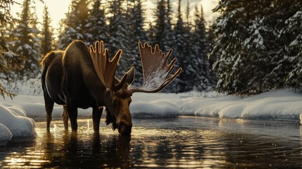 Fototapeta premium Moose Drinking at Riverbank During Golden Hour Light