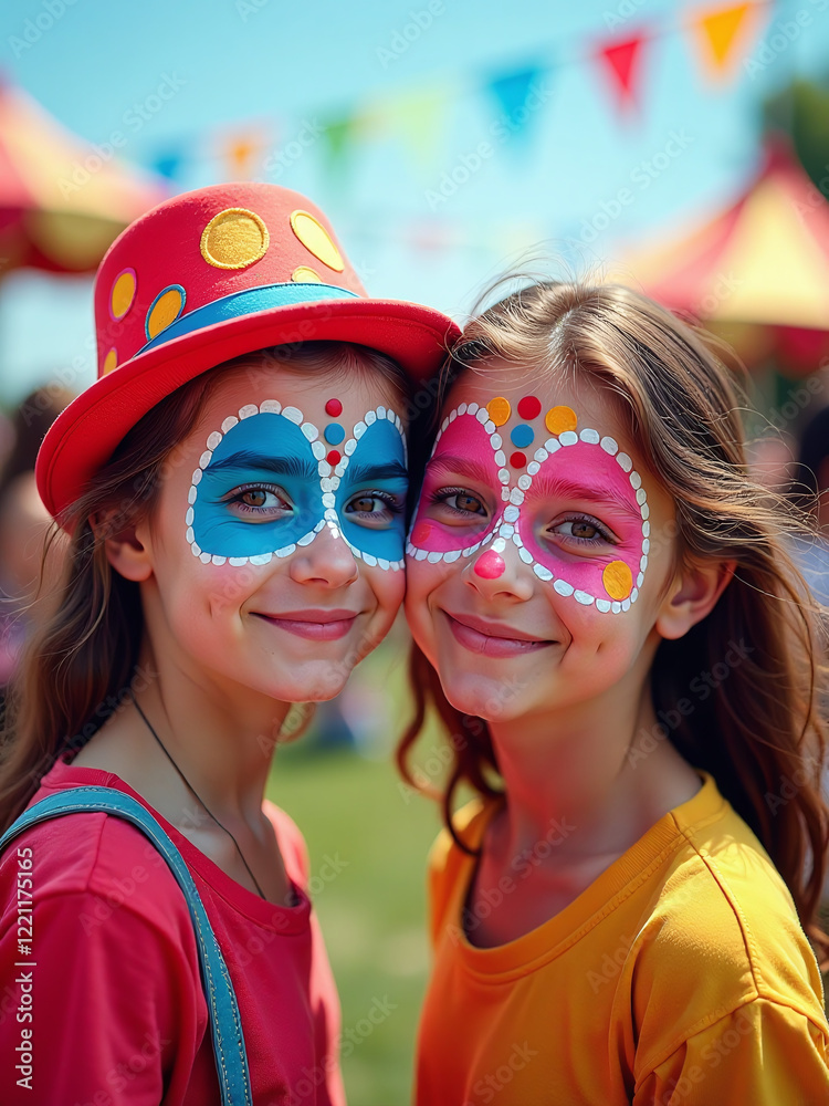 Poster Young Girls With Painted Faces At A Colorful Carnival Were Created Using Innovative Generative Artificial Intelligence Technology. 00001