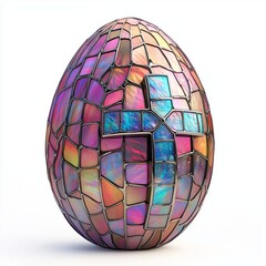 Easter egg with a cross, made of iridescent mother-of-pearl glass mosaic, on a white background.