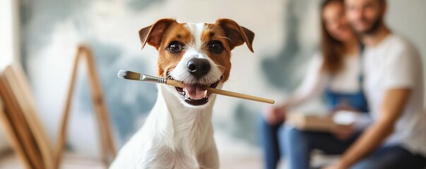 painting with dog, jack russell terrier with a paintbrush standing in a creative art studio