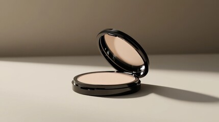 Compact powder makeup product in black packaging, showcasing beauty product on light background