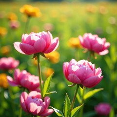 Obraz premium A bunch of peonies in a field on a sunny day, field, blooms, natural